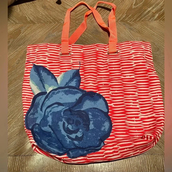 Lancome (Paris) Large Tote Bag Coral Blue Flower Floral Beach Boho Coastal - Picture 1 of 6